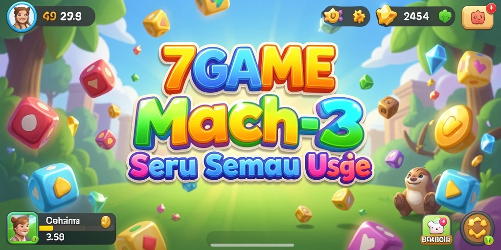 Screenshot menunjukkan gameplay seru di 7GAME dengan level Match-3 yang menantang.