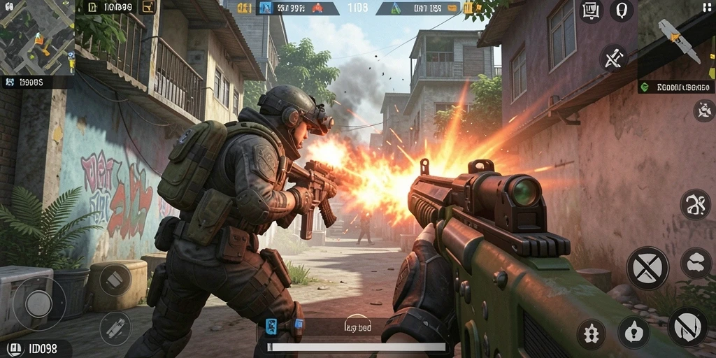 Gameplay mendebarkan dalam ID098 dengan aksi FPS yang intens.