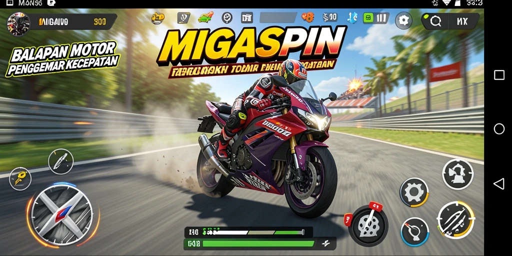 Screenshot gameplay MIGASPIN yang menampilkan kecepatan motor balap.