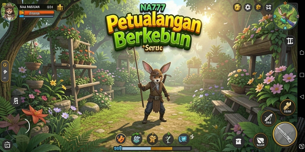 Tampilan gameplay NA777 yang menampilkan kebun yang indah dan hewan peliharaan.