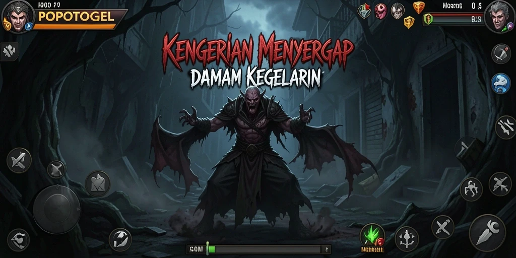 Gameplay POPOTOGEL yang menyeramkan dengan suasana gelap.