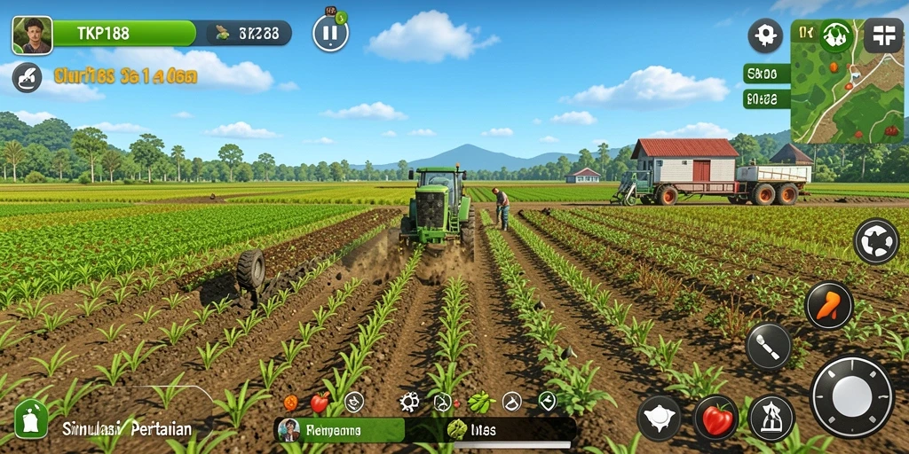 Screenshot gameplay TKP188 menampilkan suasana ladang yang subur dan cerah.